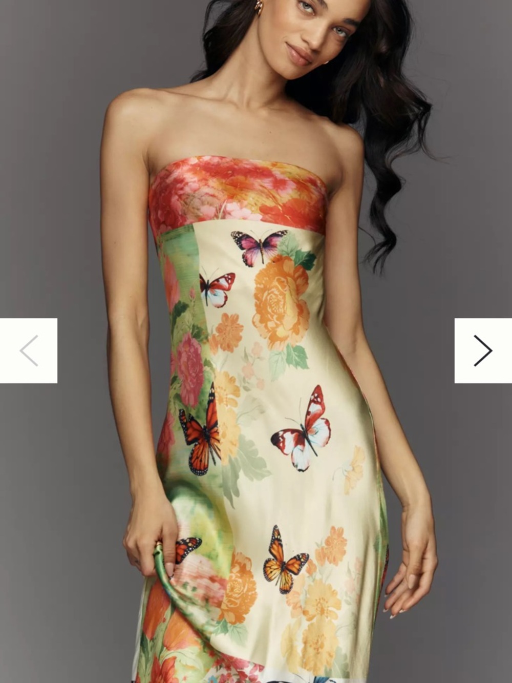 Strapless Butterfly Floral Midi Dress in Cream and Coral